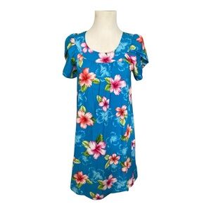 Hawaii Station Vintage Blue Floral Muumuu House Dress Pockets Size Small